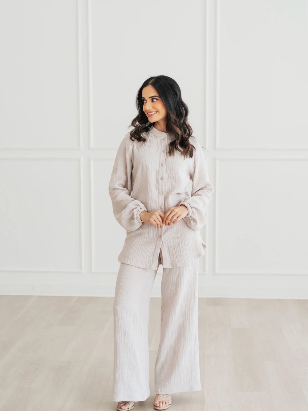 Elaa Women's Ribbed Button-Up Lounge Set in Light Beige (Set Tone), 2XL.